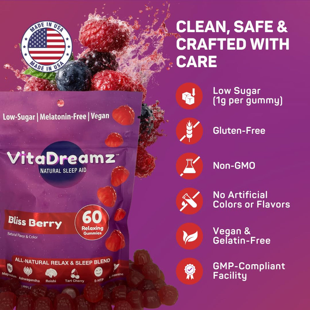 VitaDreamz night routine setup with gummies in a resealable pouch.