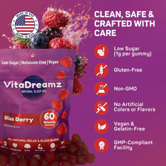 VitaDreamz night routine setup with gummies in a resealable pouch.