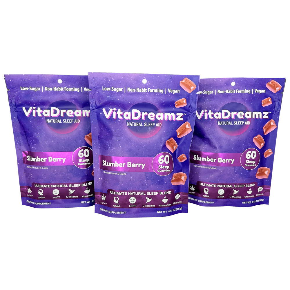 VitaDreamz Premium Melatonin Sleep Gummies bottle promotes calm relaxation at bedtime.