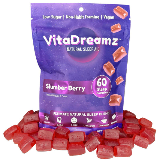 VitaDreamz sleep gummies bottle close-up, promoting a calm bedtime routine.