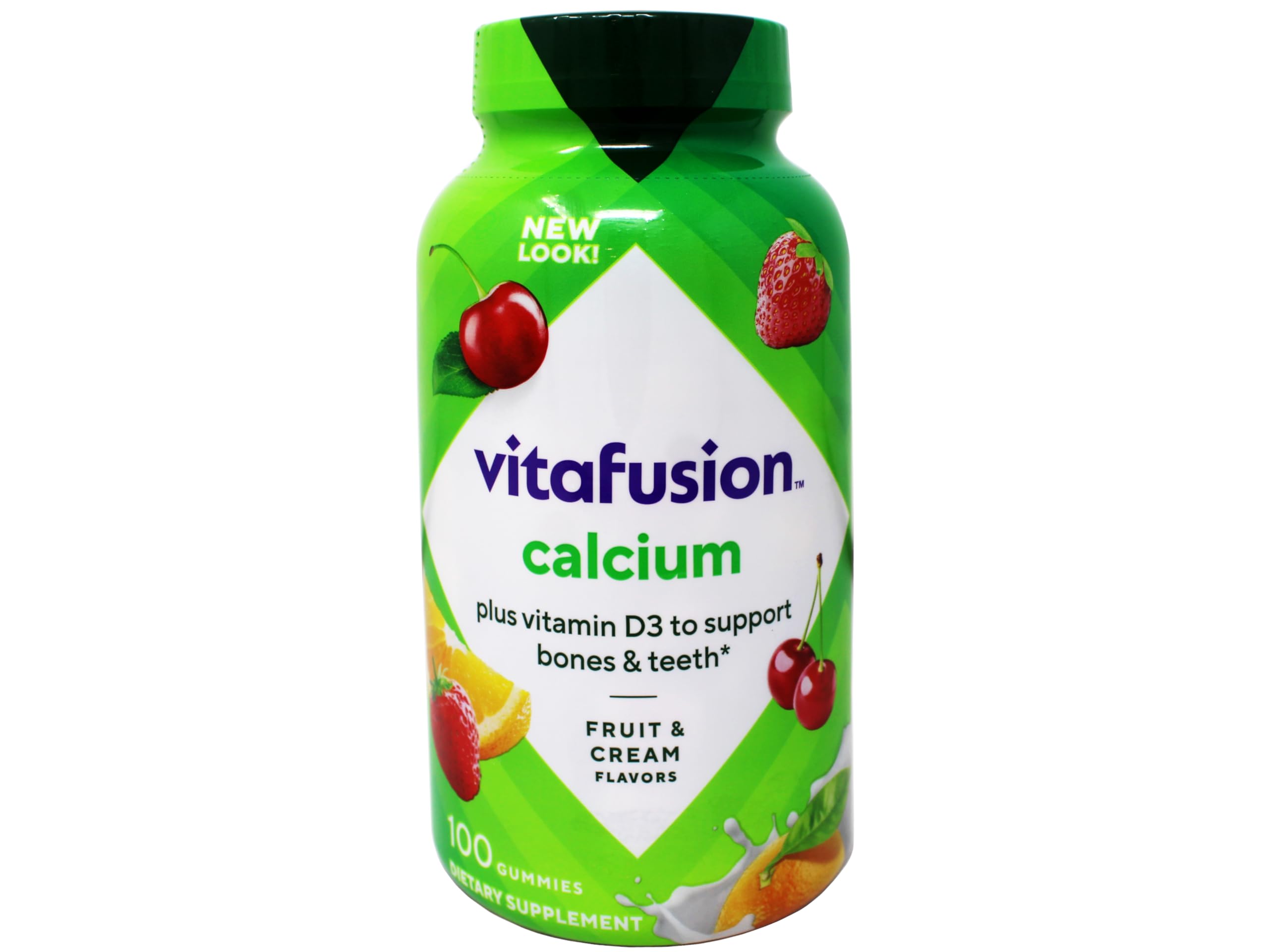 Back of Vitafusion bottle showing supplement facts for calcium and vitamin D3.