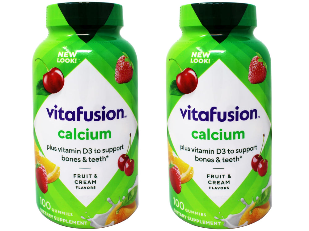 Vitafusion calcium gummy bottle front showing fruit chews for bone support