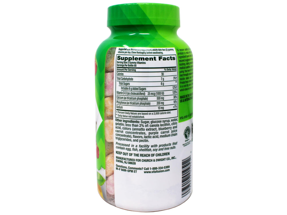 Vitafusion label close-up showing no artificial dyes and gluten-free claim