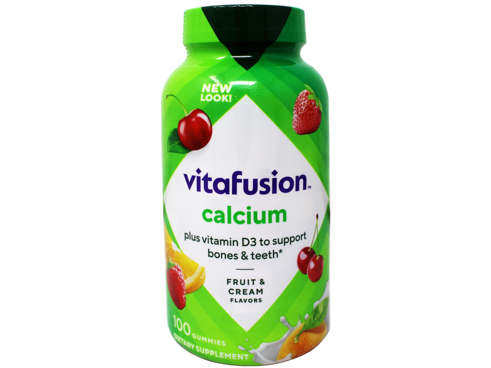 Vitafusion calcium gummy serving two gummies with label highlighting 500 mg calcium