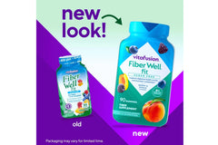 Vitafusion Fiber Well Fit bottle nutrition label close-up.