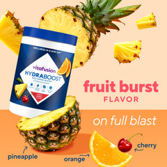 Vitafusion Hydraboost fruit burst flavors highlight orange, pineapple, and cherry.