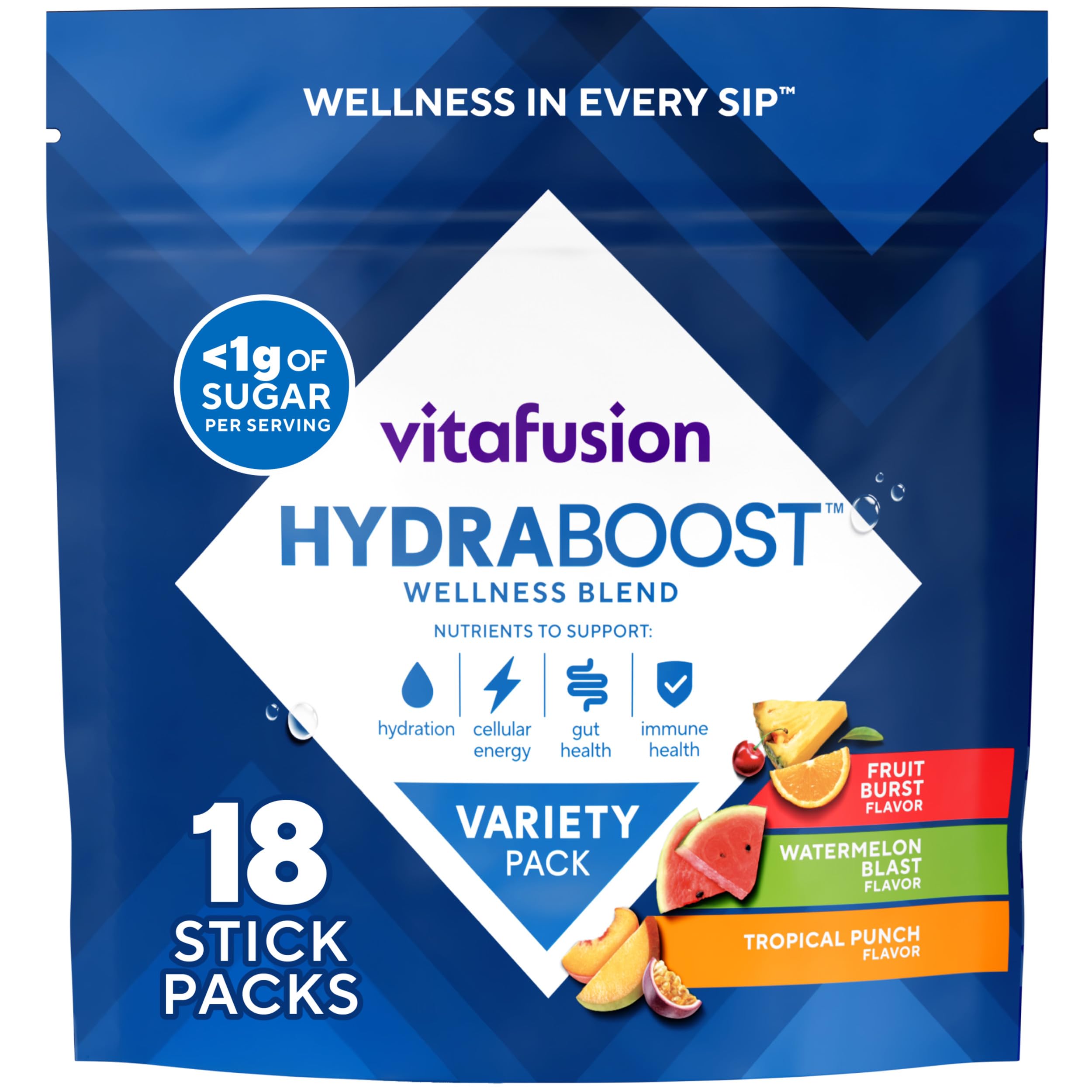 Vitafusion Hydraboost Fruit Burst packet ready to boost daily hydration with fruity flavor.