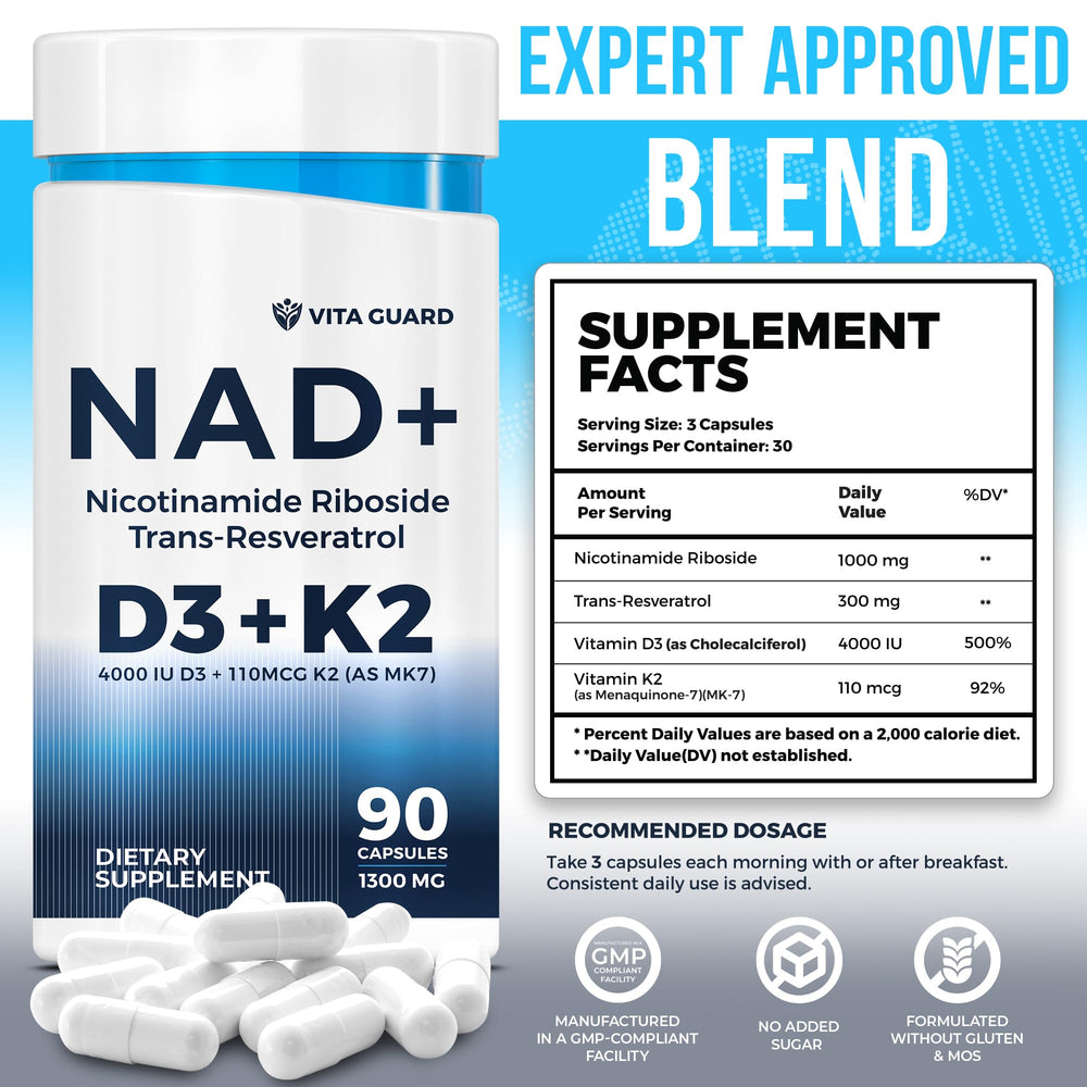 Vita Guard Nicotinamide riboside capsules highlighting mitochondrial support and energy potential