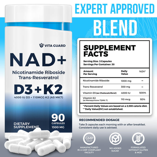 Vita Guard Nicotinamide riboside capsules highlighting mitochondrial support and energy potential