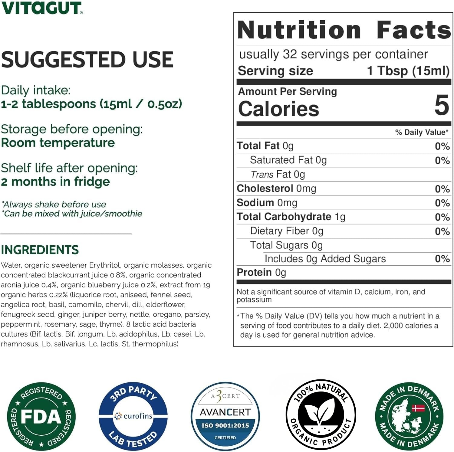 Glass of VITAGUT liquid with 19-herb blend emphasizing natural formulation