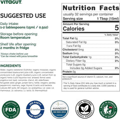 Glass of VITAGUT liquid with 19-herb blend emphasizing natural formulation
