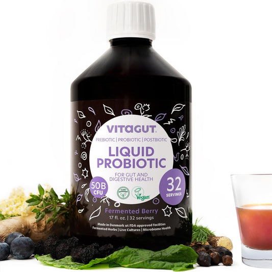 VITAGUT Liquid Probiotic bottle on kitchen counter for daily gut health