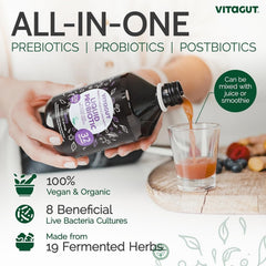 VITAGUT bottle poured into glass showing easy daily dosing