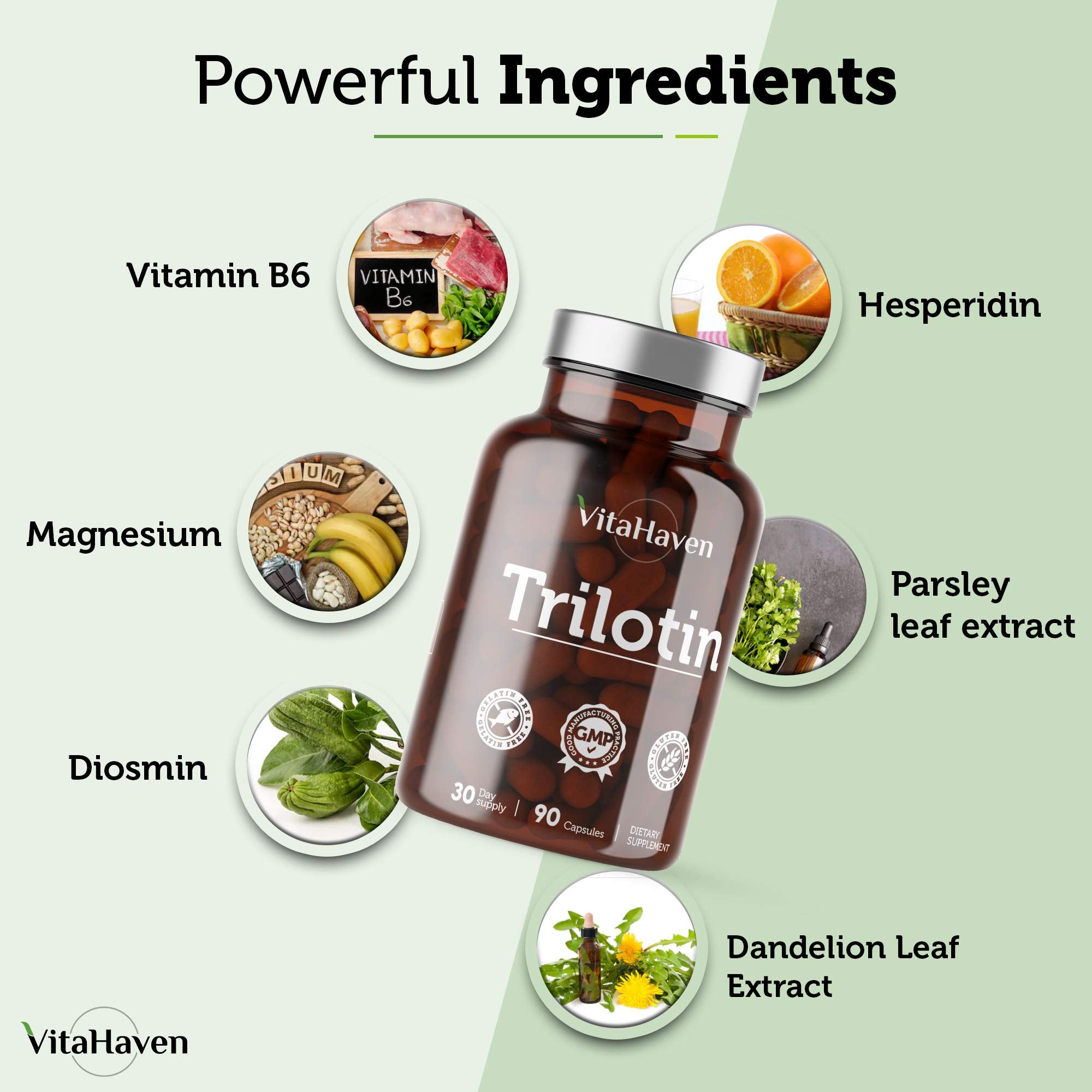 VitaHaven Trilotin dosage label shows three capsules per day.
