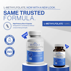 Close-up of VITAJAX L-Methylfolate capsules highlighting high-potency 7.5 mg dose.