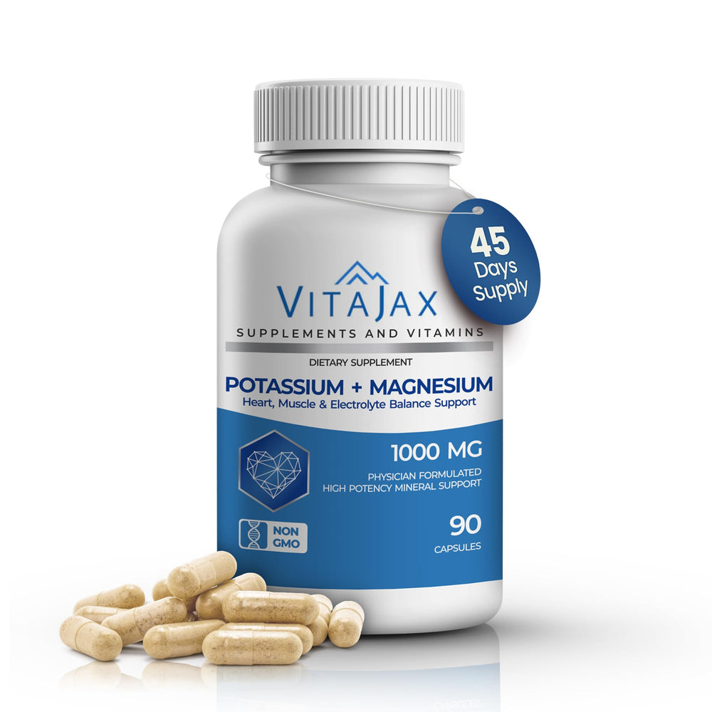 VITAJAX potassium magnesium capsules bottle shown for daily energy and muscle support.