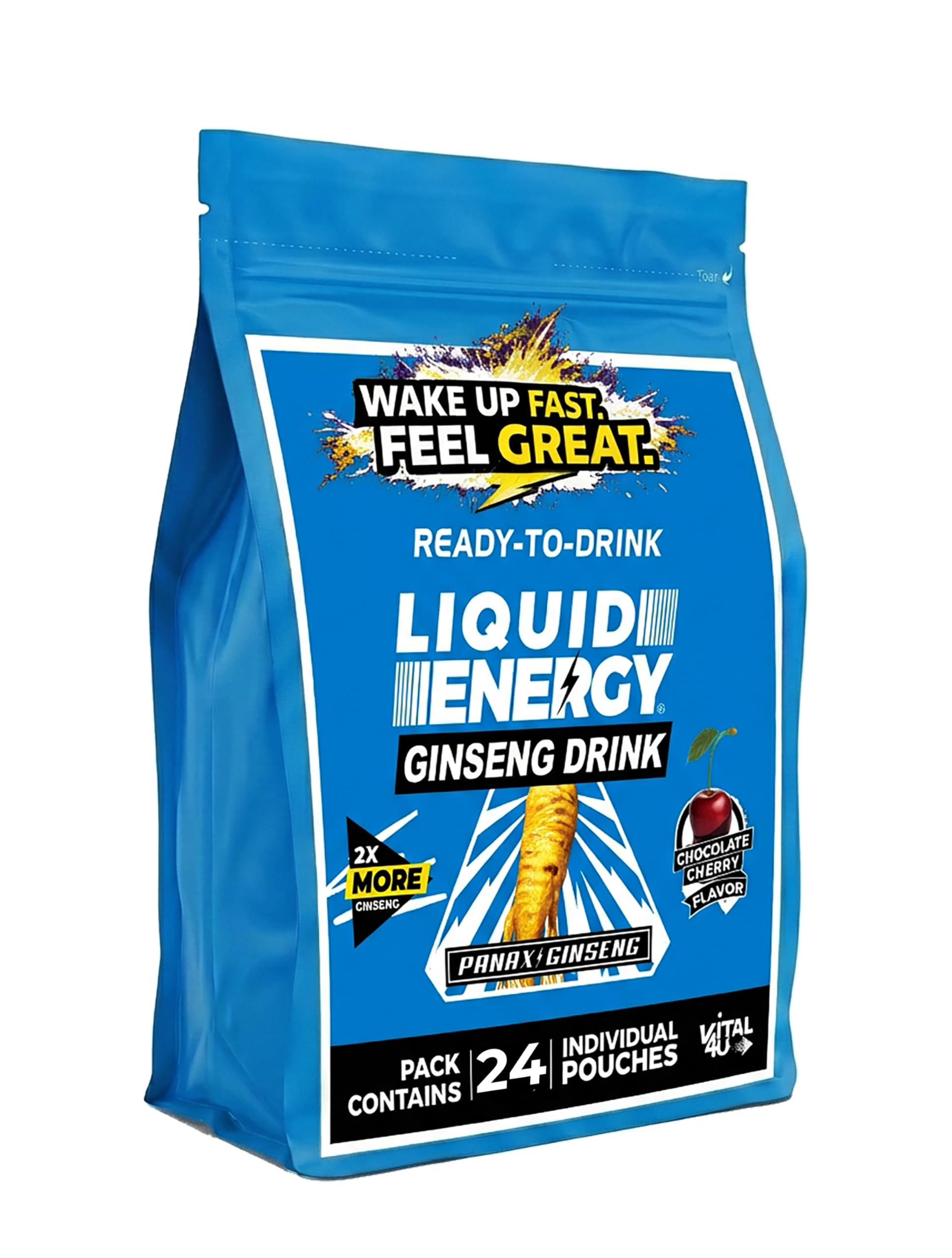 VITAL 4U Liquid Energy Shot front label shows ginseng and chocolate cherry flavor.