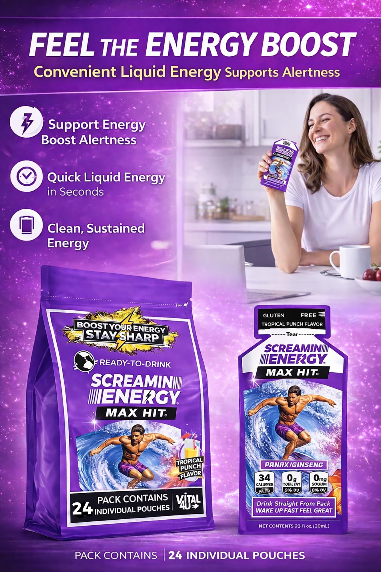Vital 4U Screamin Energy Max Hit 20ml shot shown pouring into a glass.