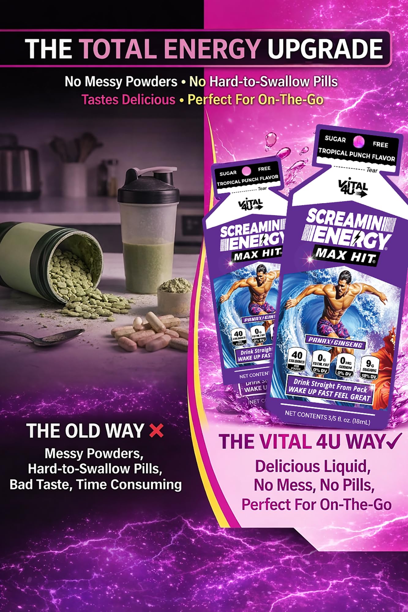 Vital 4U Screamin Energy Max Hit bottle with island vibes evokes tropical flavor experience.