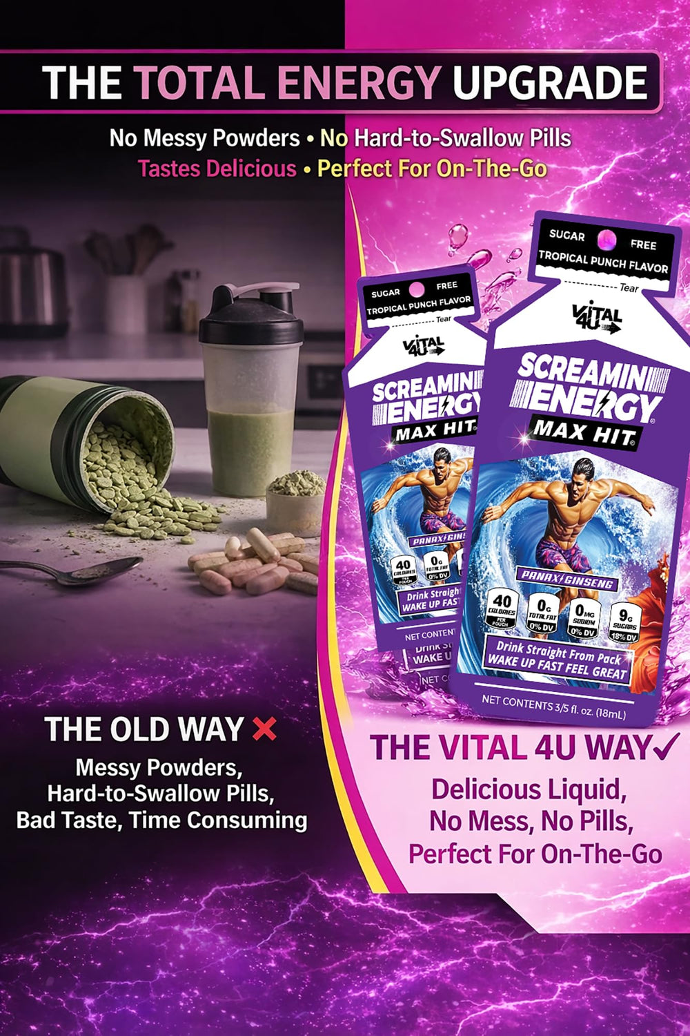 Vital 4U Screamin Energy Max Hit bottle with island vibes evokes tropical flavor experience.