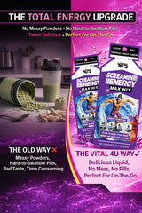 Vital 4U Screamin Energy Max Hit bottle with island vibes evokes tropical flavor experience.