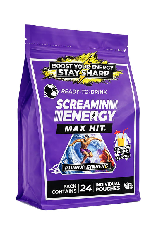 Vital 4U Screamin Energy Max Hit tropical punch bottle front highlights sugar-free energy for on-the-go focus.