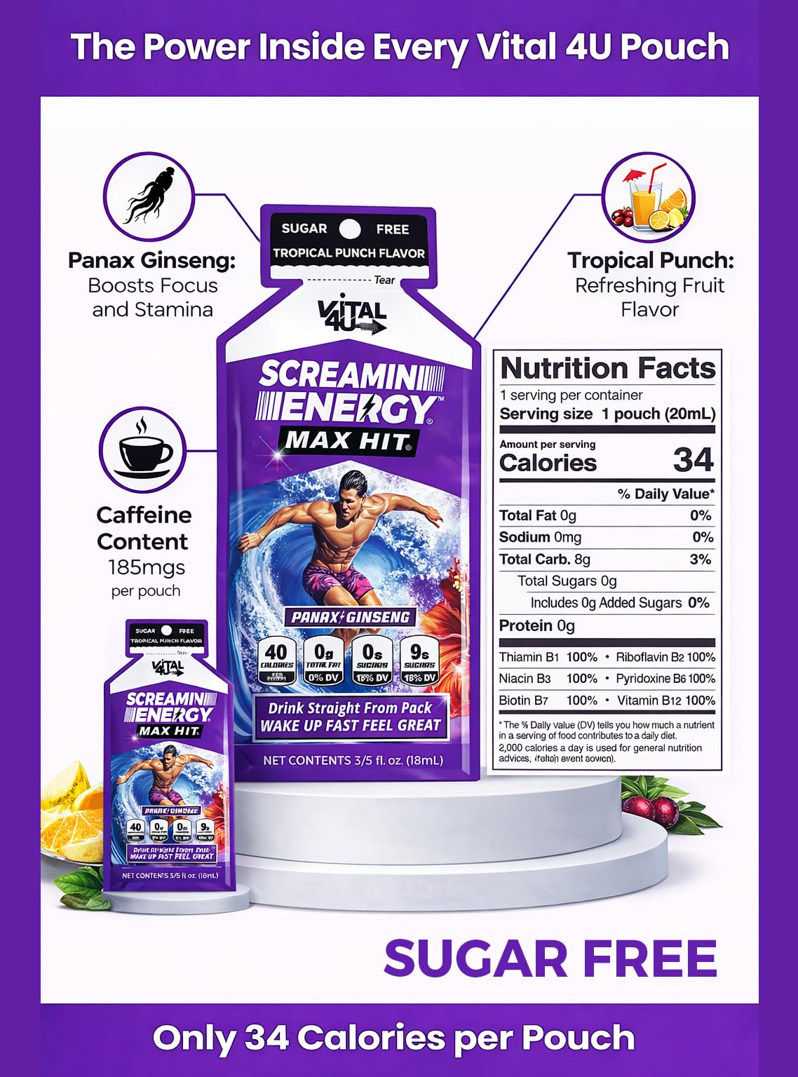 Vital 4U Screamin Energy Max Hit tropical punch bottle side shows compact 20ml format for quick boosts.