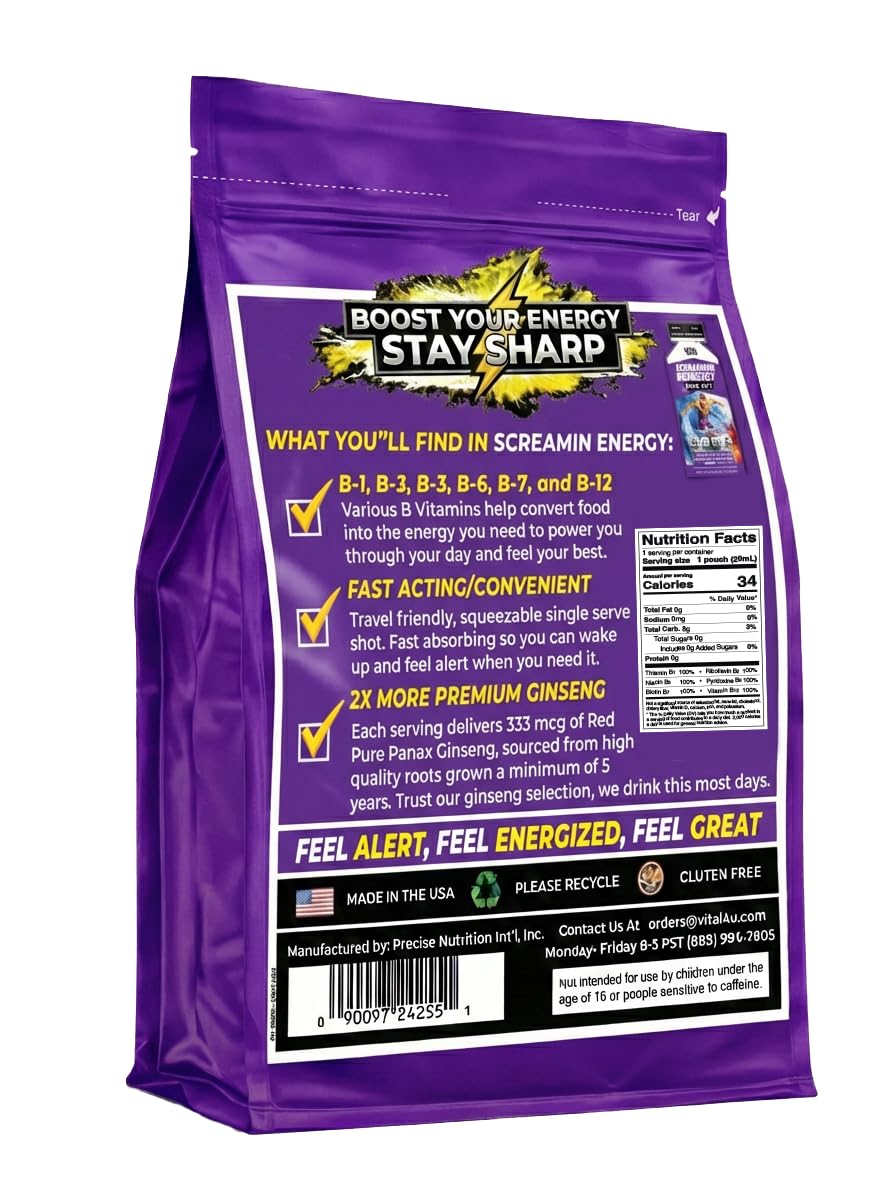 Vital 4U Screamin Energy Max Hit label close-up emphasizes ginseng and B vitamins for daytime energy.