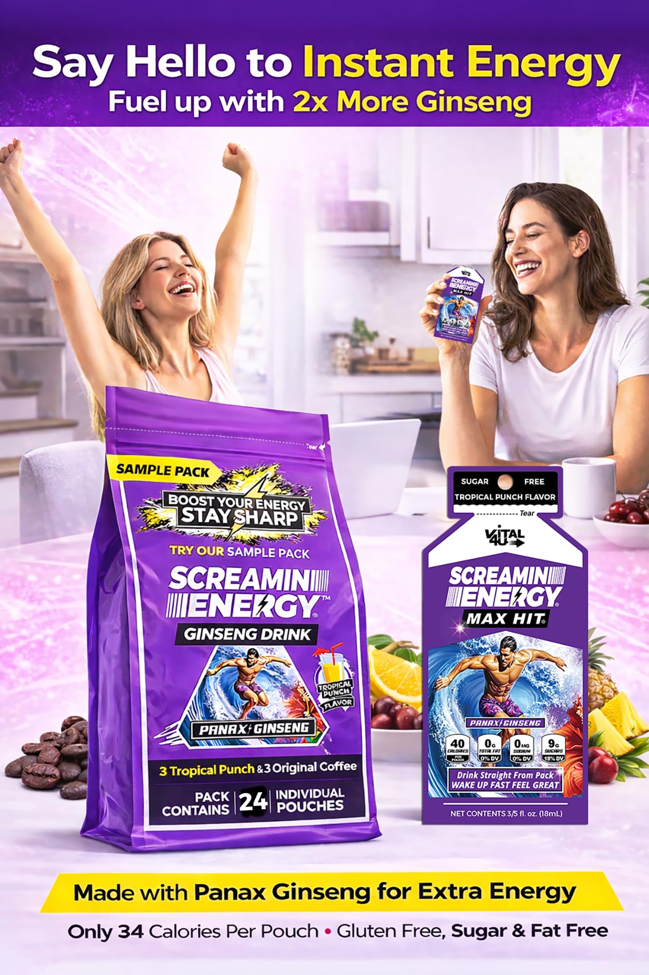 Vital 4U Screamin Energy Max Hit sugar-free text and caffeine graphic highlight zero sugar formula.