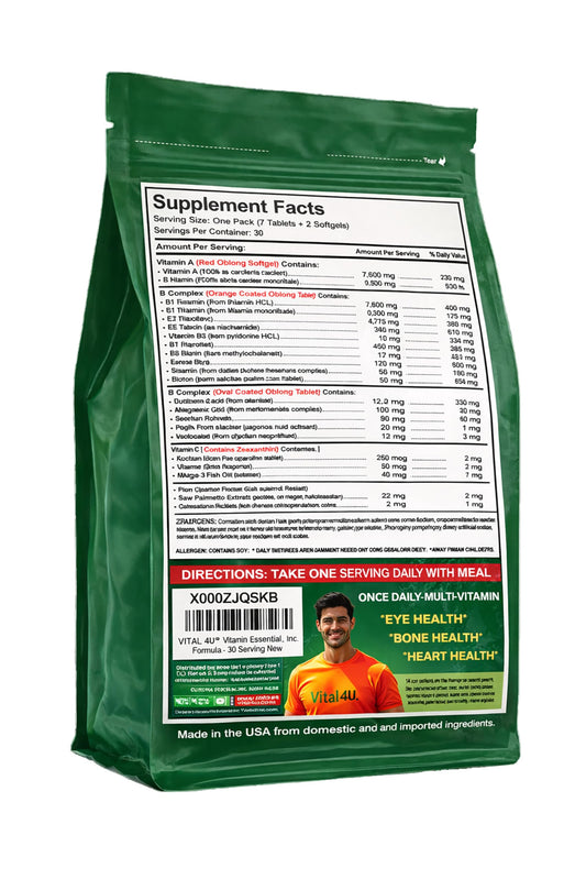 VITAL 4U bottle back label with ingredient overview for informed use.