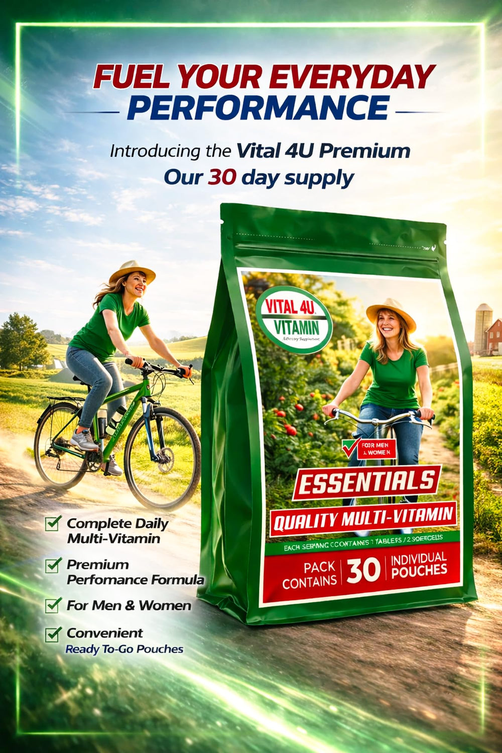 VITAL 4U bottle with glass promoting a consistent daily habit.
