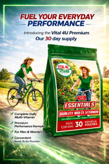 VITAL 4U bottle with glass promoting a consistent daily habit.