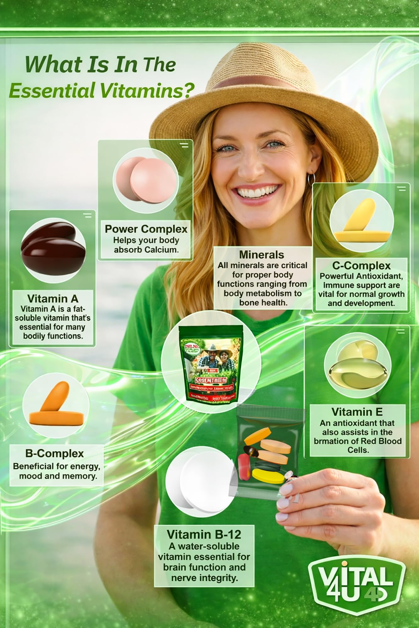 VITAL 4U herbal complex illustration suggesting focus-friendly formulation.