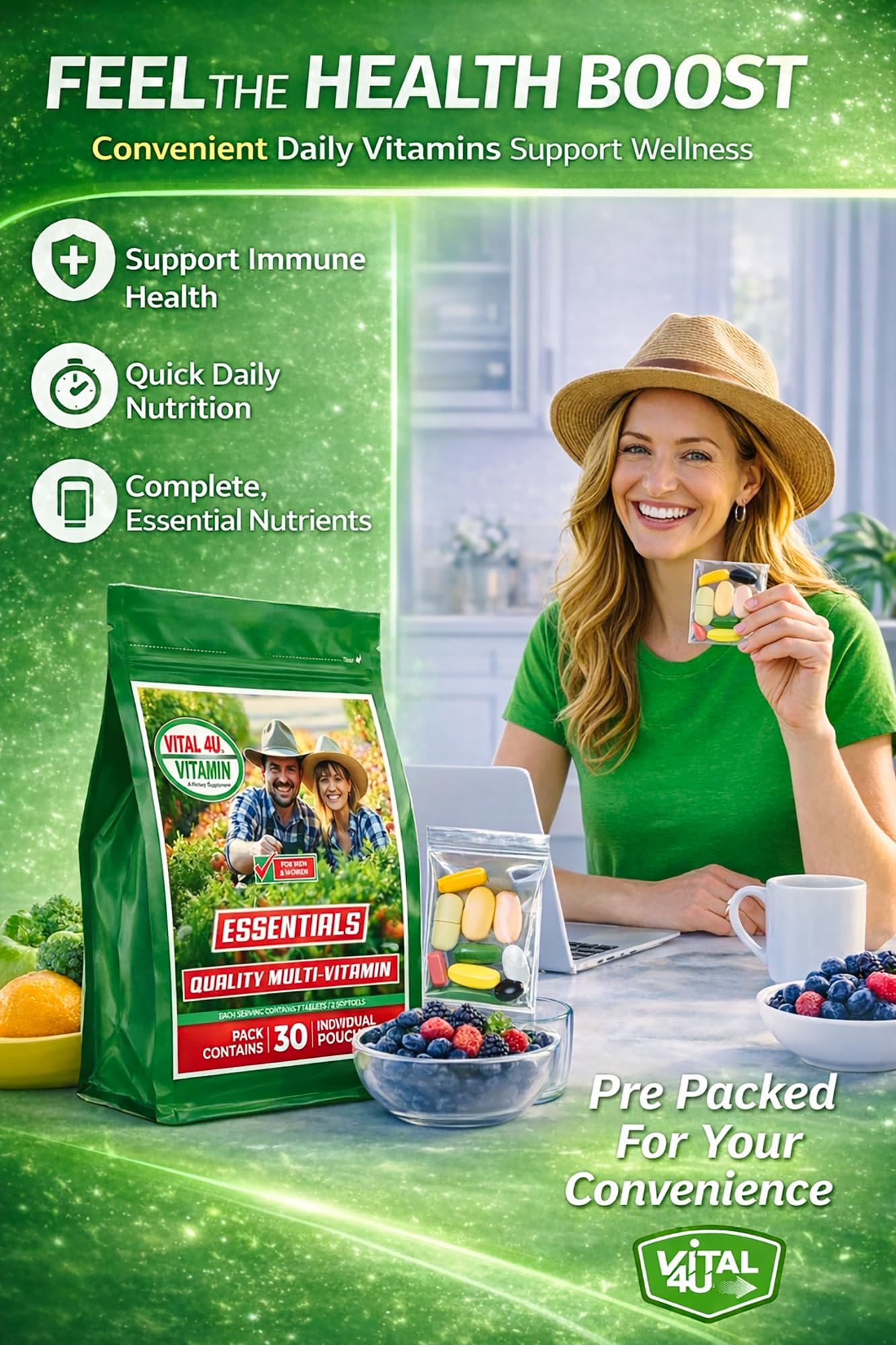 VITAL 4U packets on desk for on-the-go supplementation.