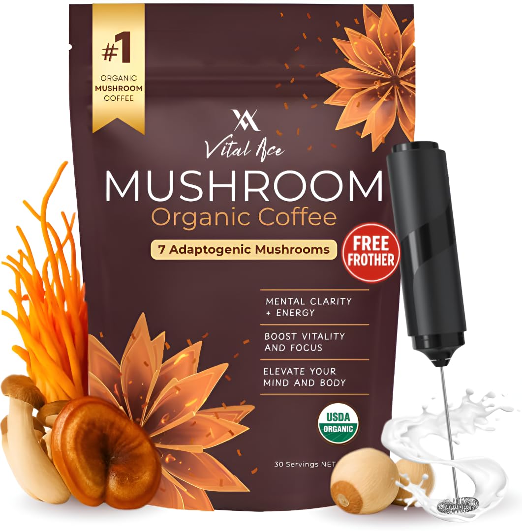 Vital Ace Mushroom Coffee packaging shows organic blend and value for daily use