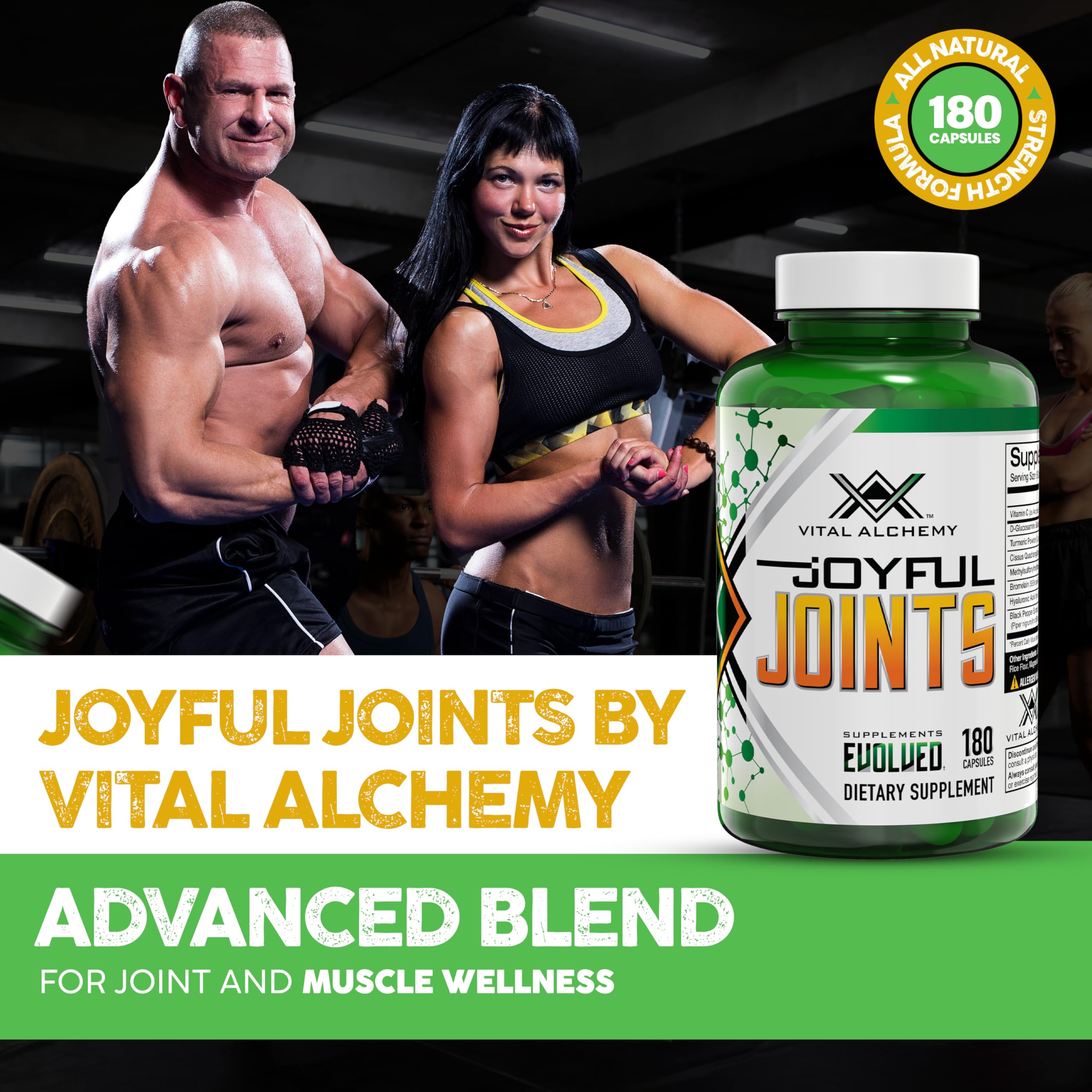 Vital Alchemy Joyful Joints capsules closeup illustrating convenient daily use.