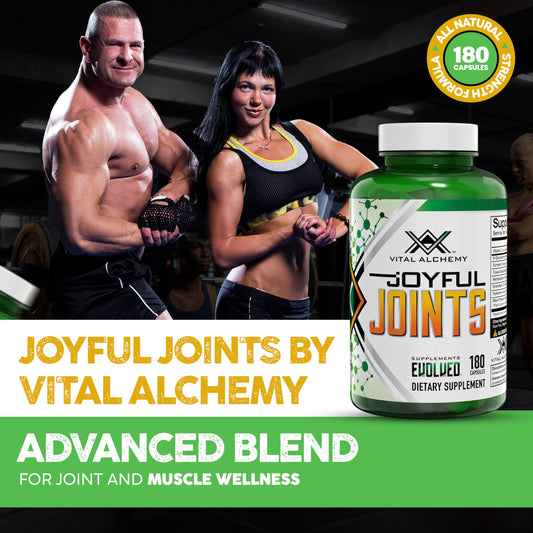 Vital Alchemy Joyful Joints capsules closeup illustrating convenient daily use.