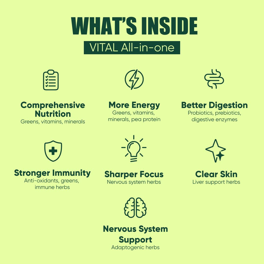 Vital All-In-One daily health supplement drink poured into a glass to enjoy.