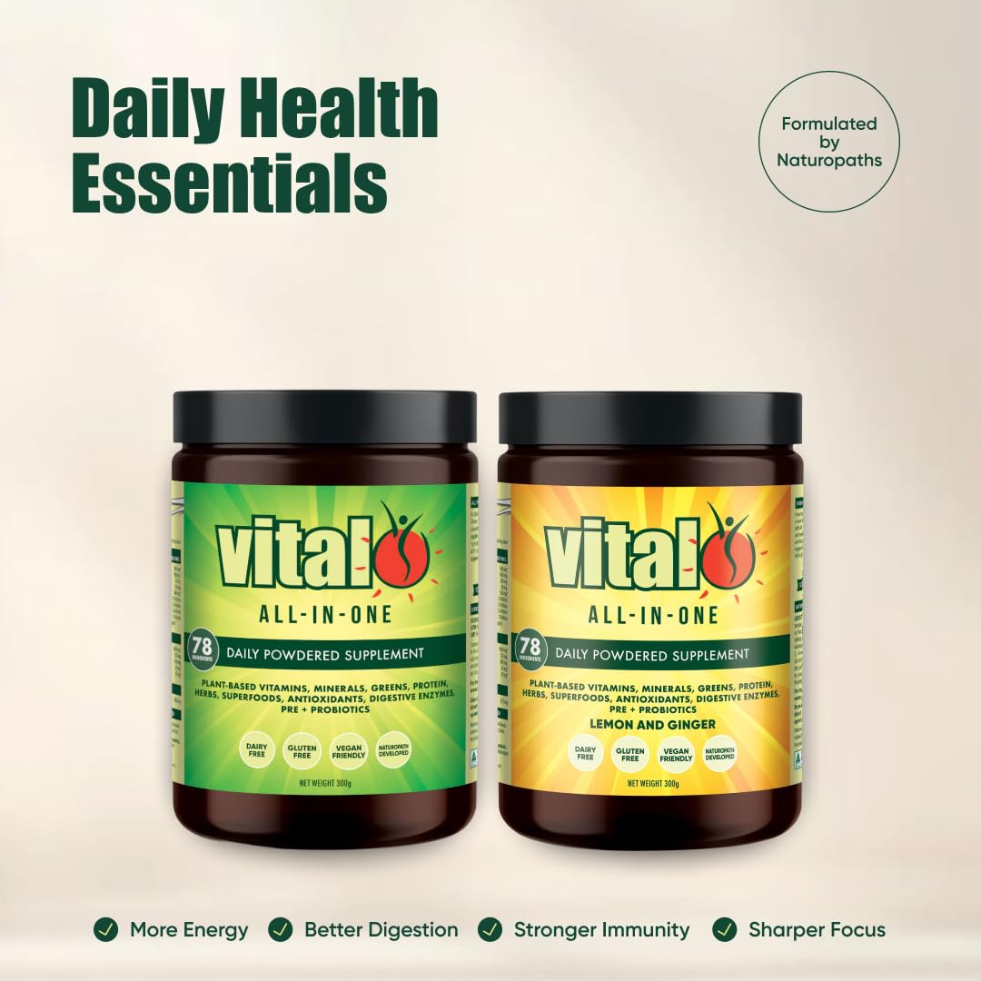 Vital All-In-One daily health supplement lemon-ginger powder ready to blend in smoothies.