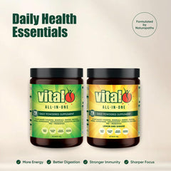 Vital All-In-One daily health supplement lemon-ginger powder ready to blend in smoothies.