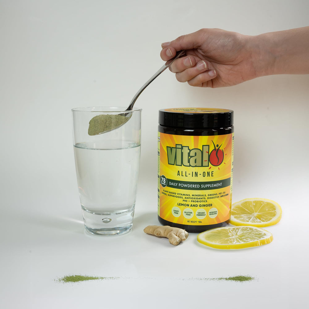 Vital All-In-One daily health supplement sachet pack ready to mix with water or juice.