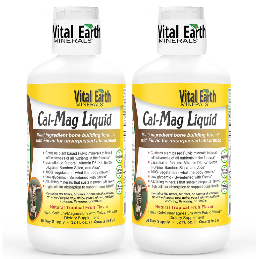 Vital Earth Minerals Cal-Mag Liquid bottle pour showing mineral blend for absorption.