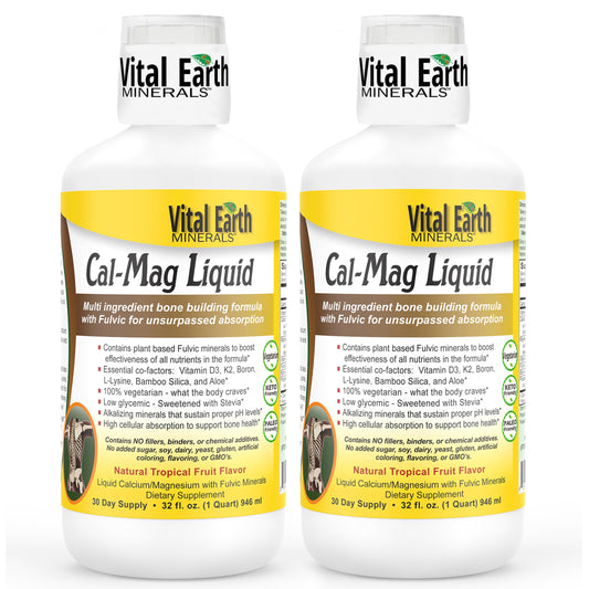 Vital Earth Minerals Cal-Mag Liquid bottle pour showing mineral blend for absorption.