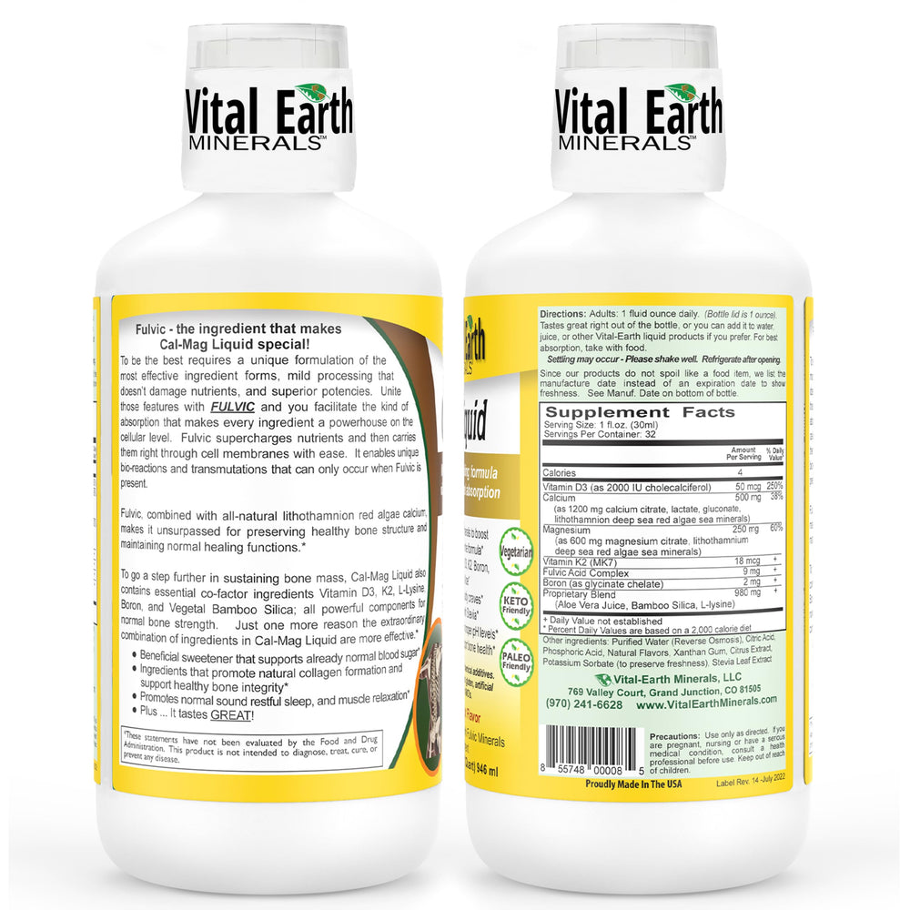 Vital Earth Minerals Cal-Mag Liquid label closeup highlighting D3, K2, and boron.
