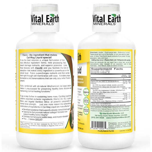 Vital Earth Minerals Cal-Mag Liquid label closeup highlighting D3, K2, and boron.