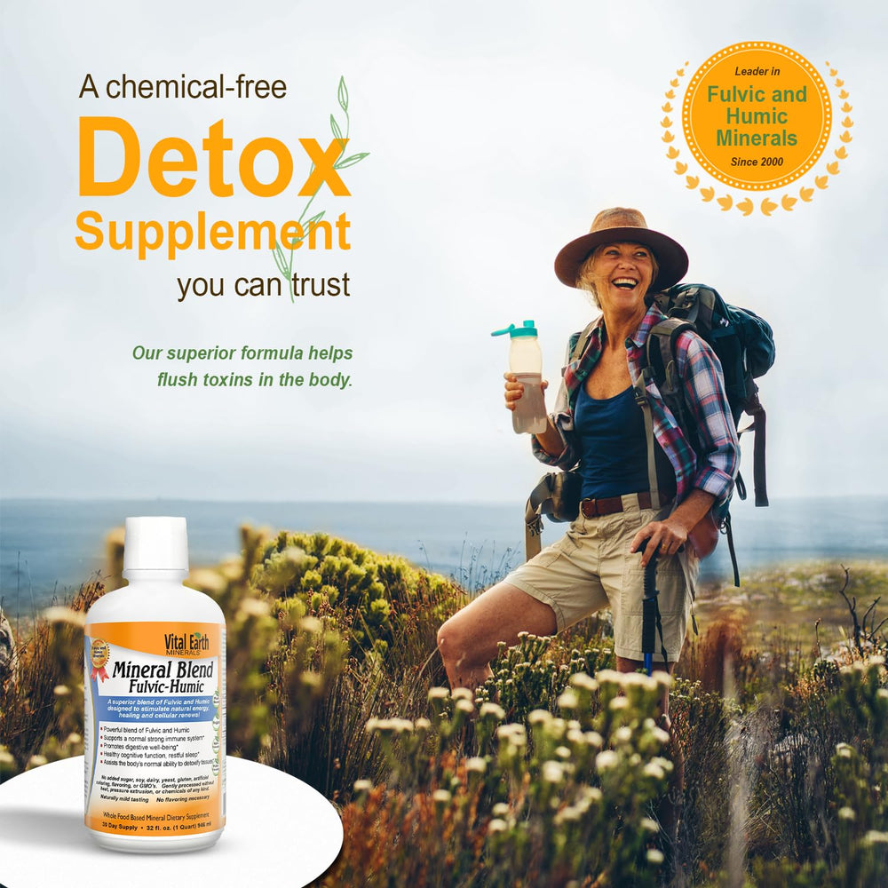 Vital Earth Minerals Detox ingredients summary illustrates natural fulvic mineral sources.