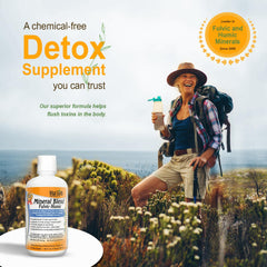 Vital Earth Minerals Detox ingredients summary illustrates natural fulvic mineral sources.