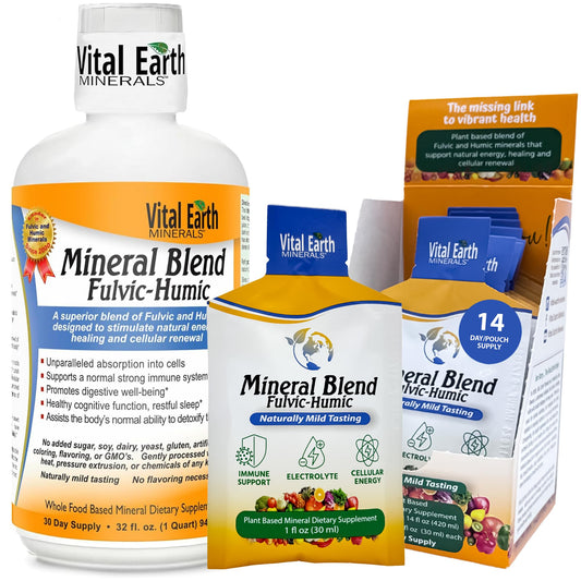 Vital Earth Minerals detox bottle shows the 32-ounce formula for daily energy support.