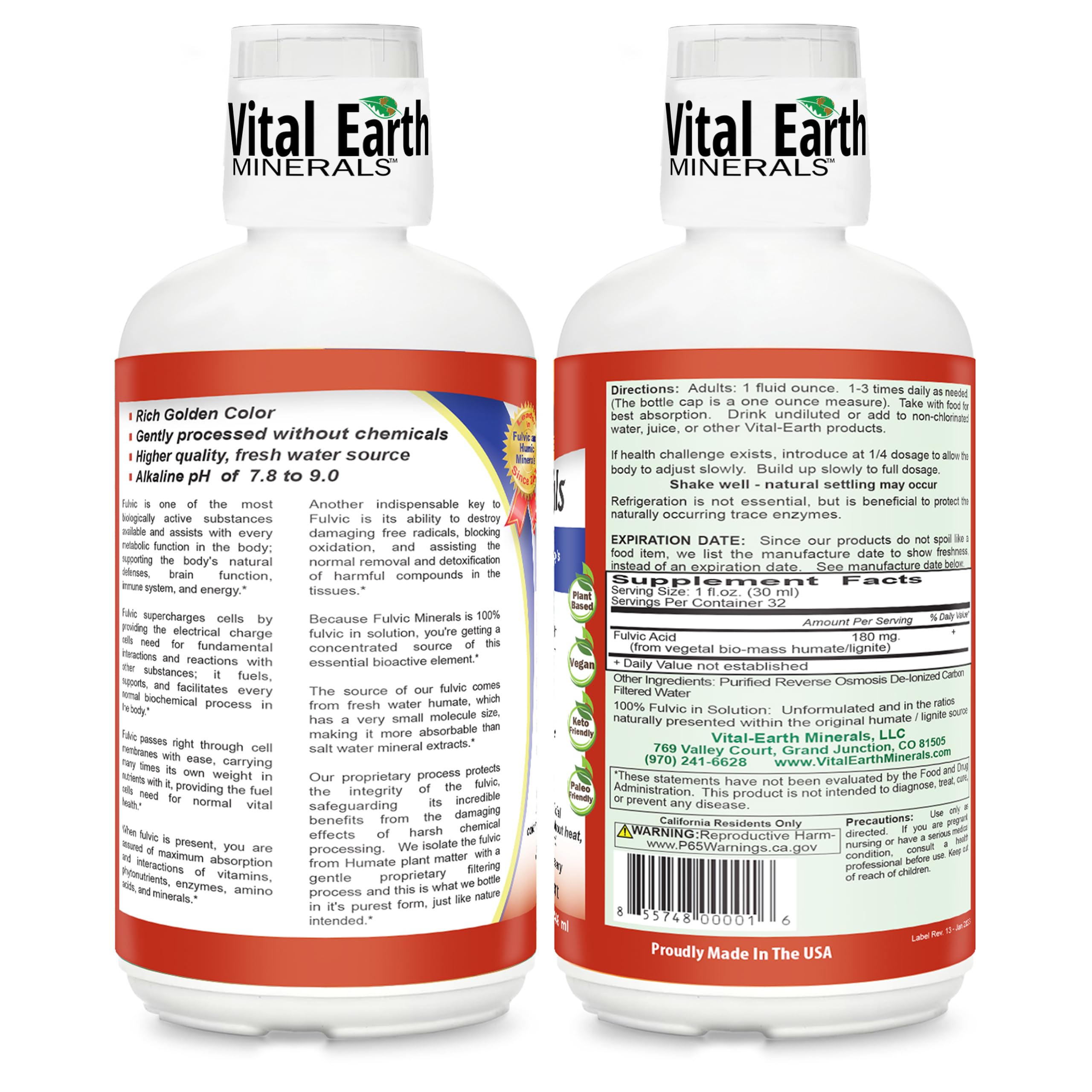 Pouring fulvic acid liquid from Vital Earth Minerals into a glass for mixing.