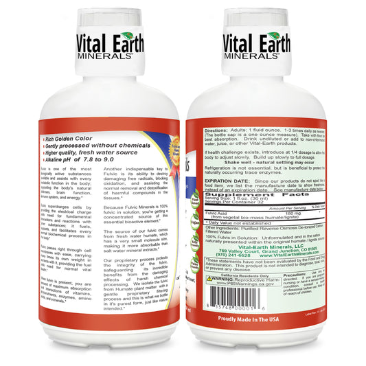 Pouring fulvic acid liquid from Vital Earth Minerals into a glass for mixing.